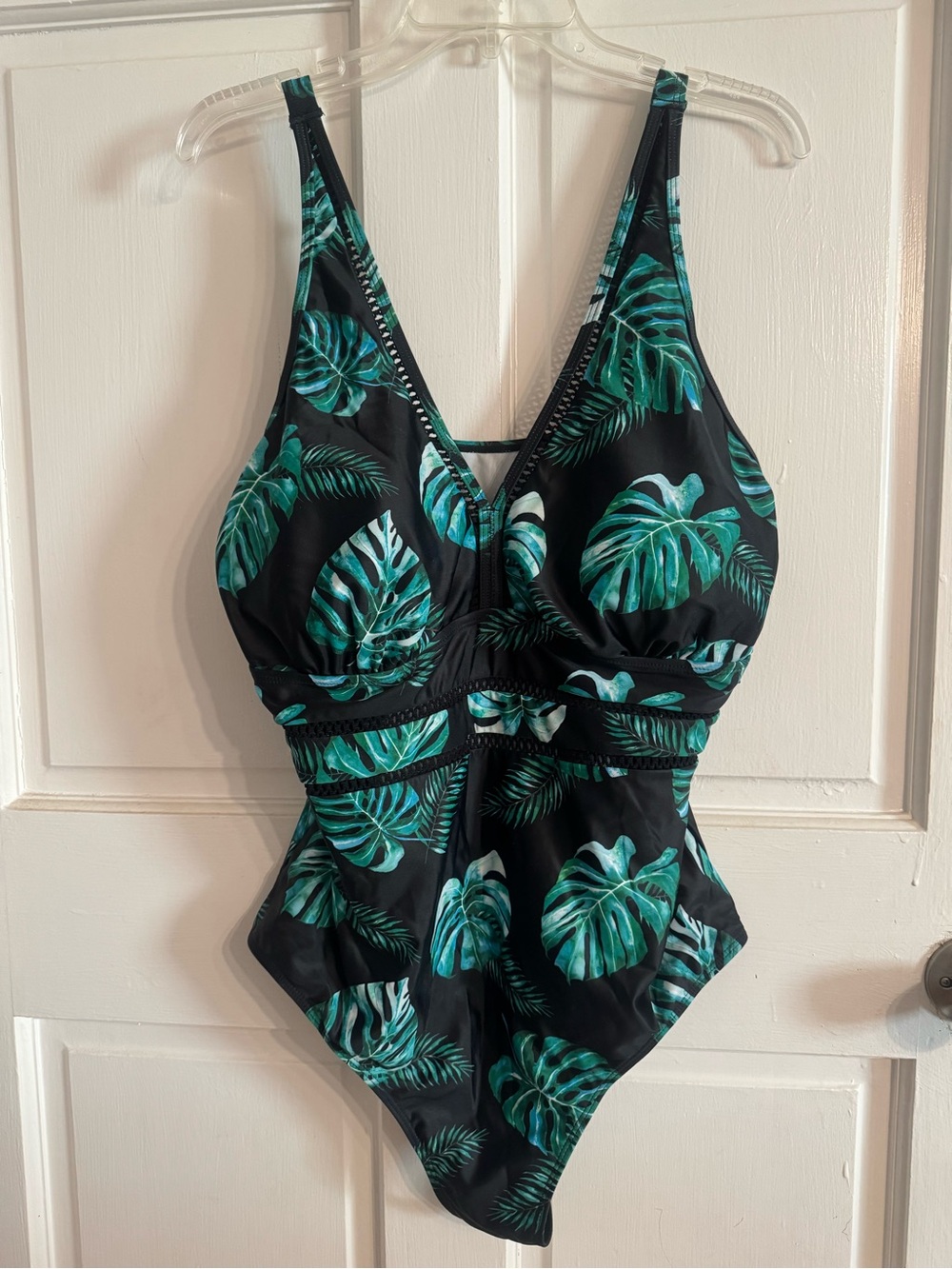 Tropical Leaf V-Neck One-Piece Swimsuit - Black & Teal